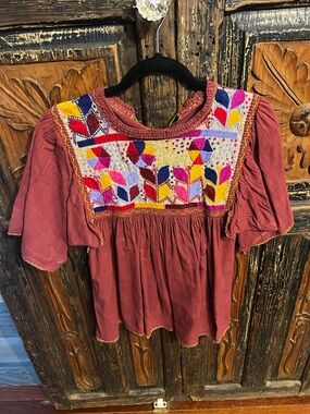 Women’s Embroidered Peasant Top - Rust Red